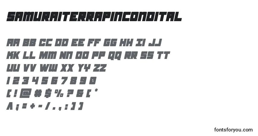Czcionka Samuraiterrapincondital – alfabet, cyfry, specjalne znaki