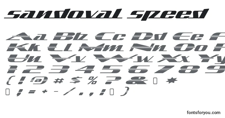 Czcionka Sandoval speed – alfabet, cyfry, specjalne znaki