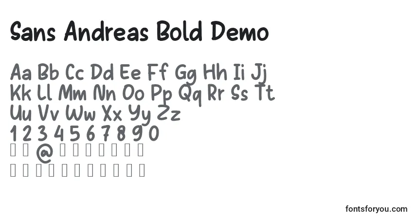 Шрифт Sans Andreas Bold Demo – алфавит, цифры, специальные символы