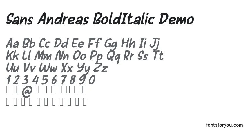 Шрифт Sans Andreas BoldItalic Demo – алфавит, цифры, специальные символы