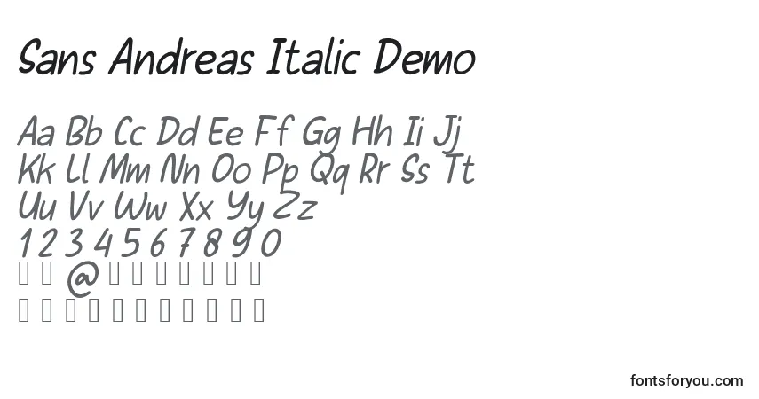A fonte Sans Andreas Italic Demo – alfabeto, números, caracteres especiais
