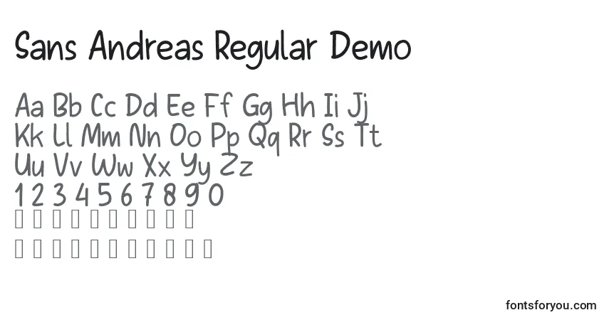 Шрифт Sans Andreas Regular Demo – алфавит, цифры, специальные символы