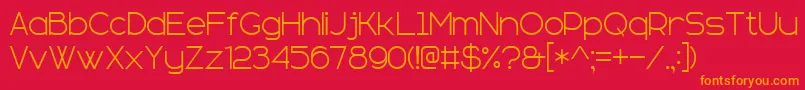 sans serif plus 7-Schriftart – Orangefarbene Schriften auf rotem Hintergrund
