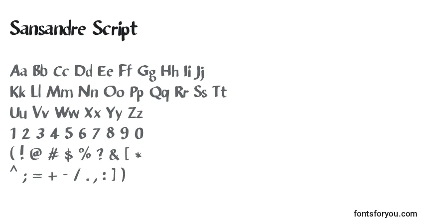 Czcionka Sansandre Script – alfabet, cyfry, specjalne znaki