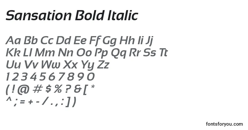 Шрифт Sansation Bold Italic – алфавит, цифры, специальные символы