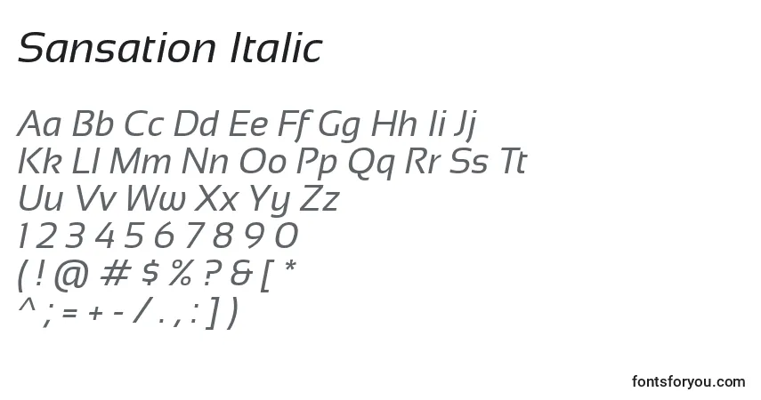 Schriftart Sansation Italic – Alphabet, Zahlen, spezielle Symbole