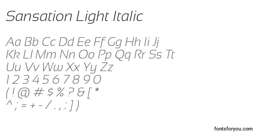 Czcionka Sansation Light Italic – alfabet, cyfry, specjalne znaki
