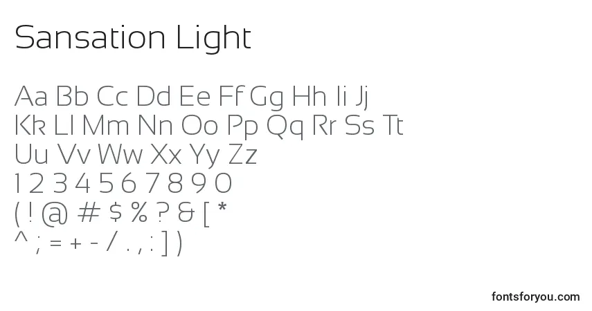 A fonte Sansation Light – alfabeto, números, caracteres especiais