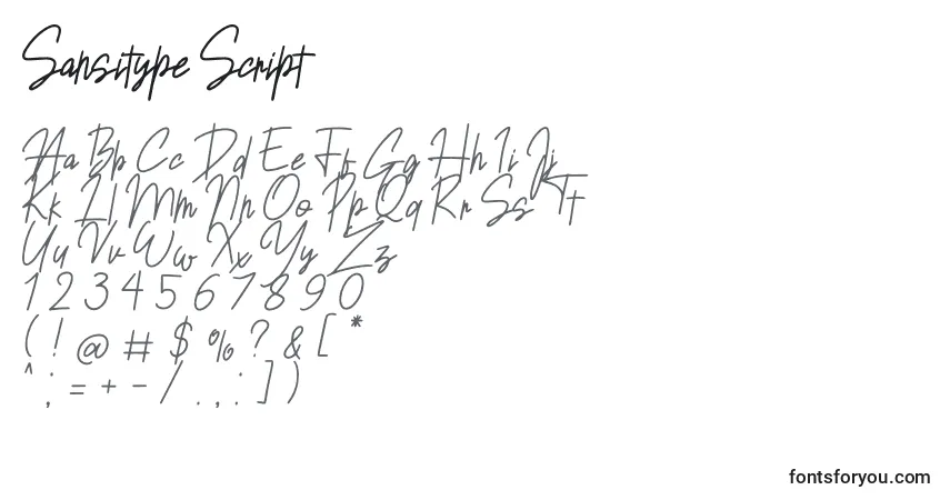 Czcionka Sansitype Script – alfabet, cyfry, specjalne znaki