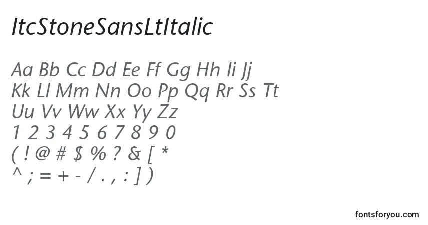 Czcionka ItcStoneSansLtItalic – alfabet, cyfry, specjalne znaki