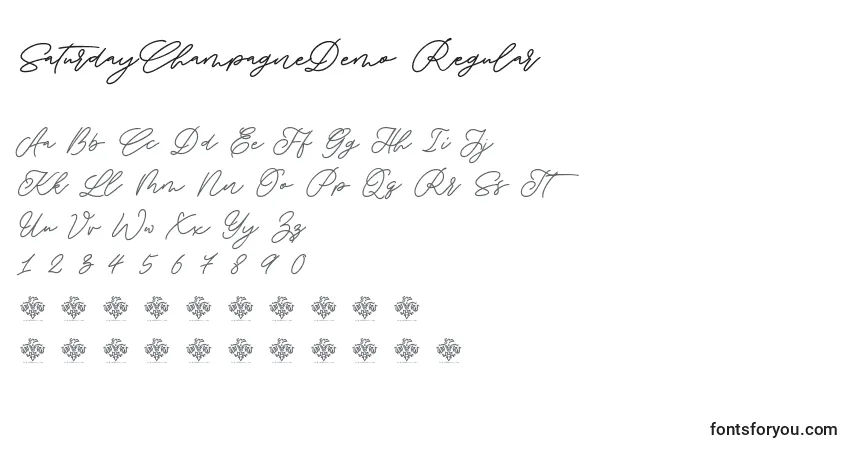 Шрифт SaturdayChampagneDemo Regular – алфавит, цифры, специальные символы