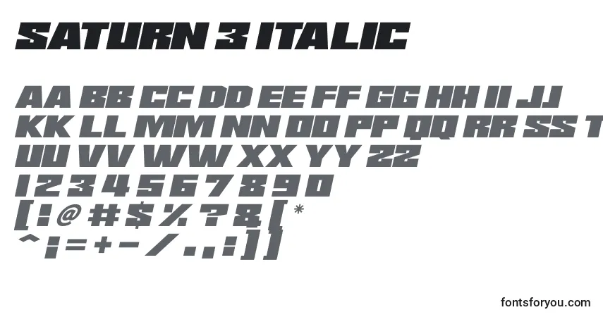 Czcionka Saturn 3 Italic – alfabet, cyfry, specjalne znaki
