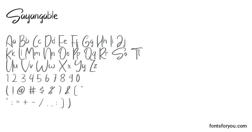 Czcionka Sayangable – alfabet, cyfry, specjalne znaki