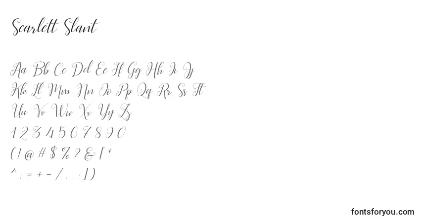 Czcionka Scarlett Slant – alfabet, cyfry, specjalne znaki