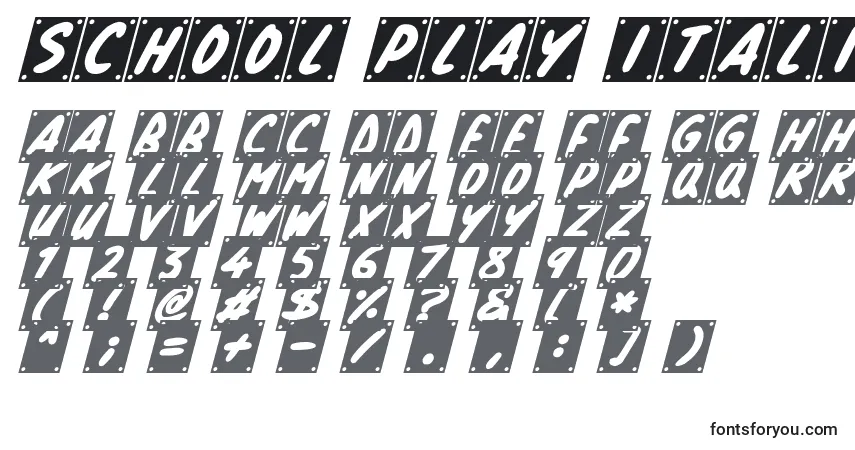 Schriftart School Play Italic – Alphabet, Zahlen, spezielle Symbole