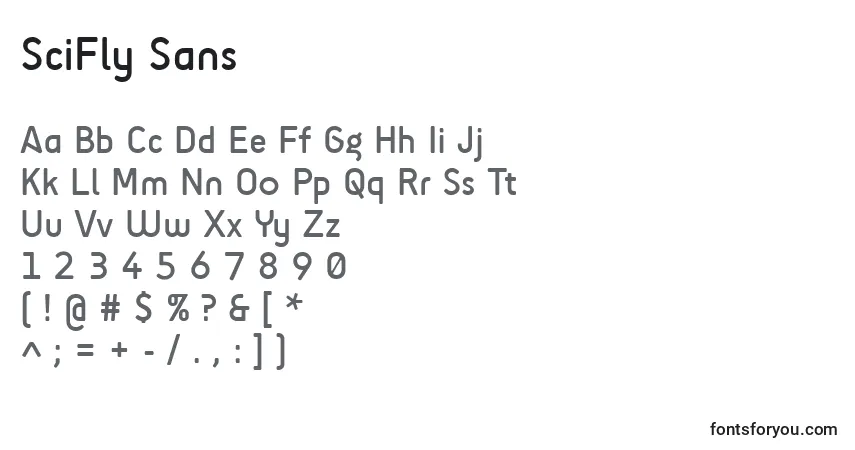 Czcionka SciFly Sans – alfabet, cyfry, specjalne znaki