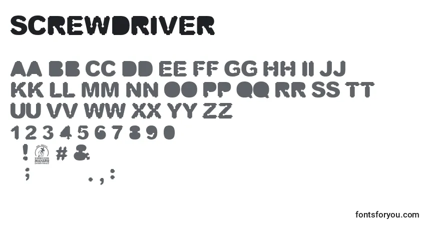 Czcionka Screwdriver – alfabet, cyfry, specjalne znaki