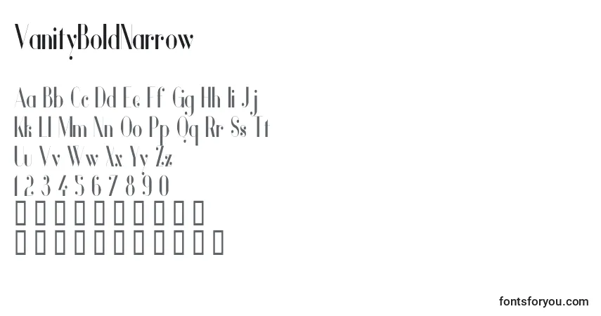 Schriftart VanityBoldNarrow – Alphabet, Zahlen, spezielle Symbole