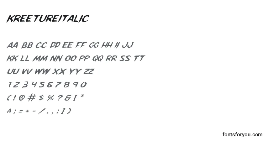 Schriftart KreetureItalic – Alphabet, Zahlen, spezielle Symbole