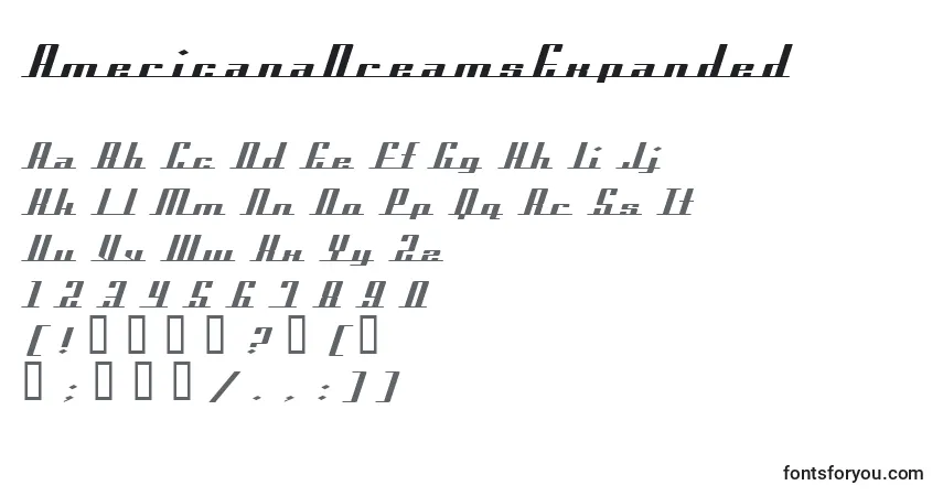 Czcionka AmericanaDreamsExpanded – alfabet, cyfry, specjalne znaki
