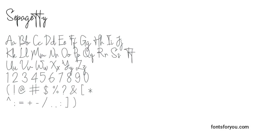 A fonte Sepagetty – alfabeto, números, caracteres especiais