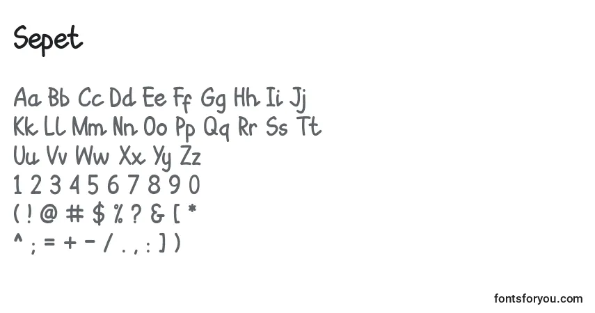 A fonte Sepet (140006) – alfabeto, números, caracteres especiais