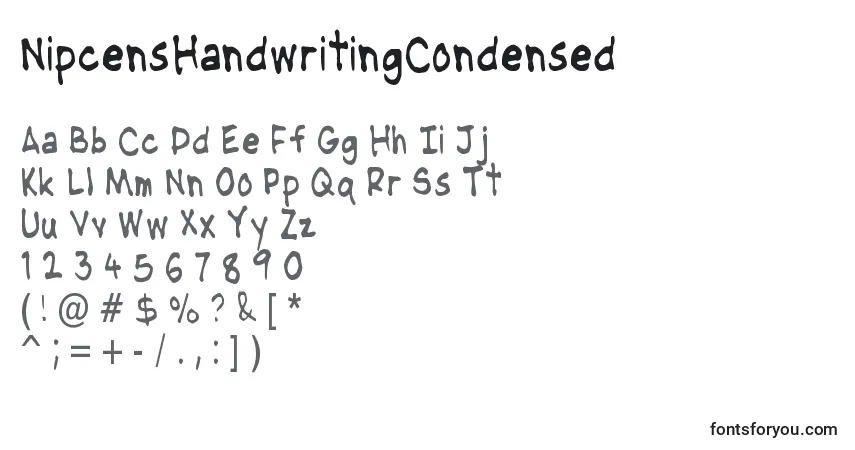 A fonte NipcensHandwritingCondensed – alfabeto, números, caracteres especiais