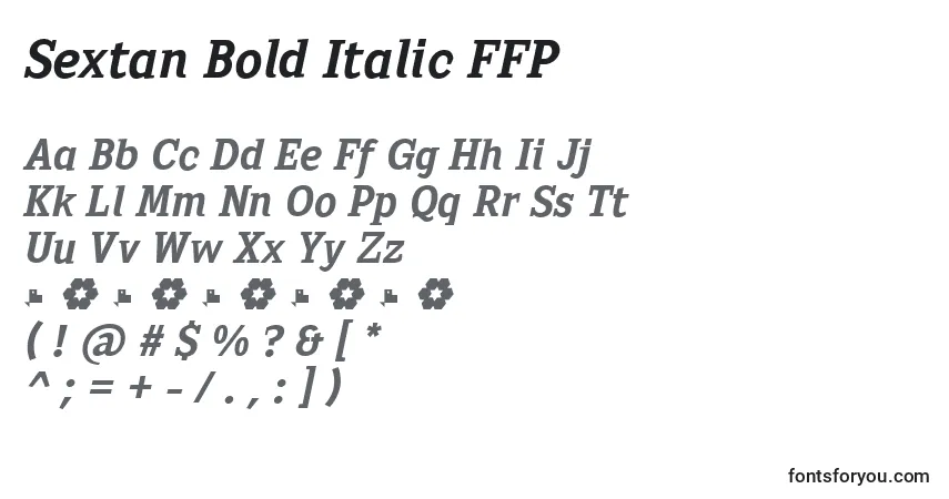 Czcionka Sextan Bold Italic FFP – alfabet, cyfry, specjalne znaki