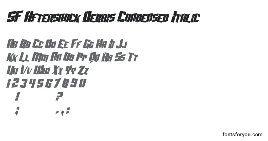 Шрифт SF Aftershock Debris Condensed Italic – алфавит, цифры, специальные символы