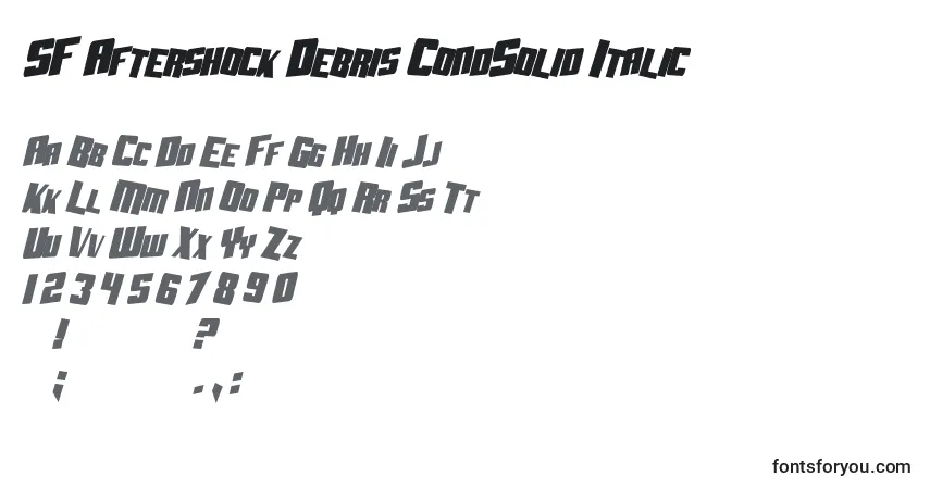 A fonte SF Aftershock Debris CondSolid Italic – alfabeto, números, caracteres especiais