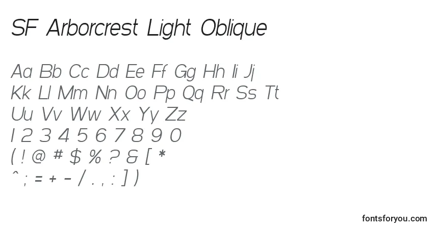 Schriftart SF Arborcrest Light Oblique – Alphabet, Zahlen, spezielle Symbole