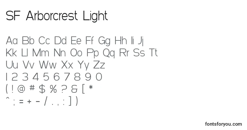 Czcionka SF Arborcrest Light – alfabet, cyfry, specjalne znaki