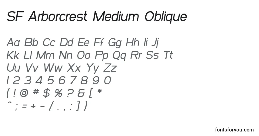 A fonte SF Arborcrest Medium Oblique – alfabeto, números, caracteres especiais