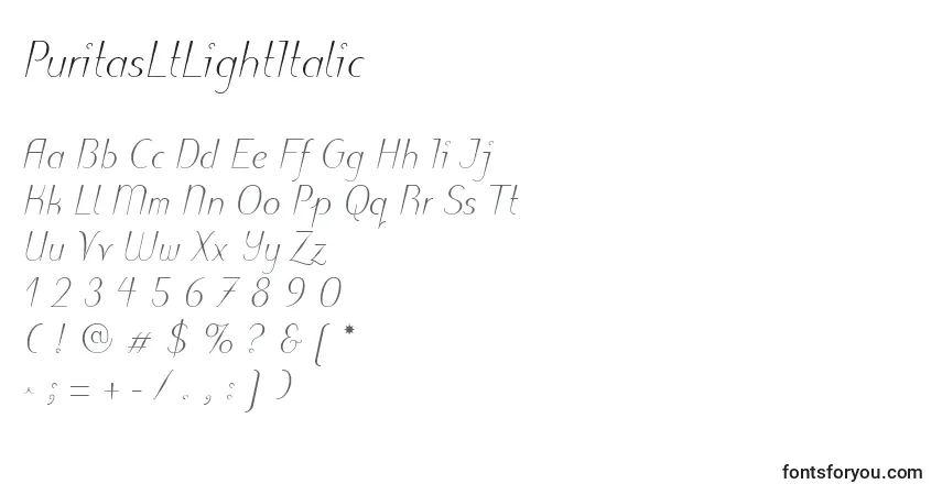 Czcionka PuritasLtLightItalic – alfabet, cyfry, specjalne znaki