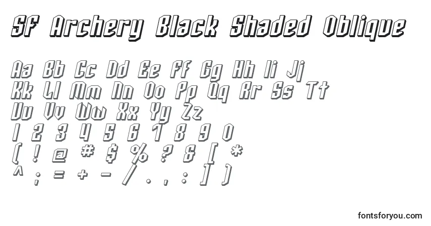 Czcionka SF Archery Black Shaded Oblique – alfabet, cyfry, specjalne znaki