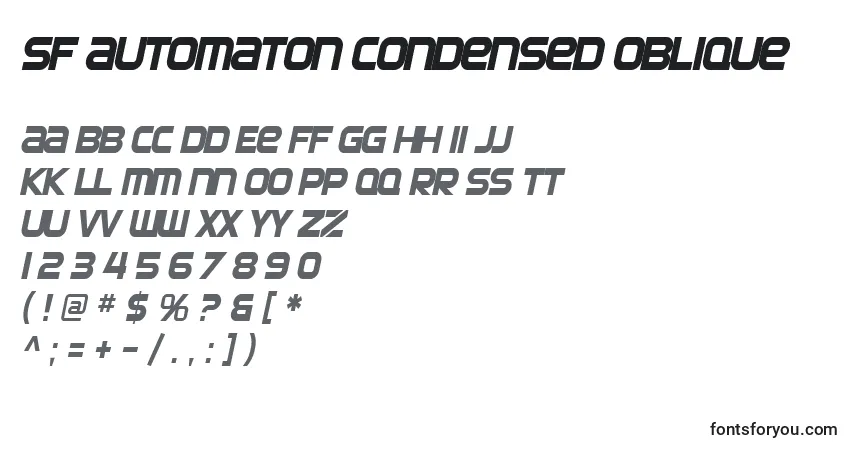 A fonte SF Automaton Condensed Oblique – alfabeto, números, caracteres especiais