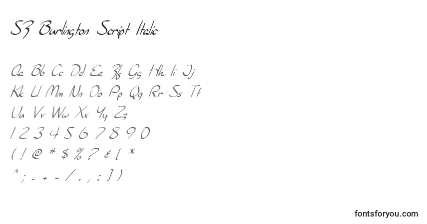 Czcionka SF Burlington Script Italic – alfabet, cyfry, specjalne znaki