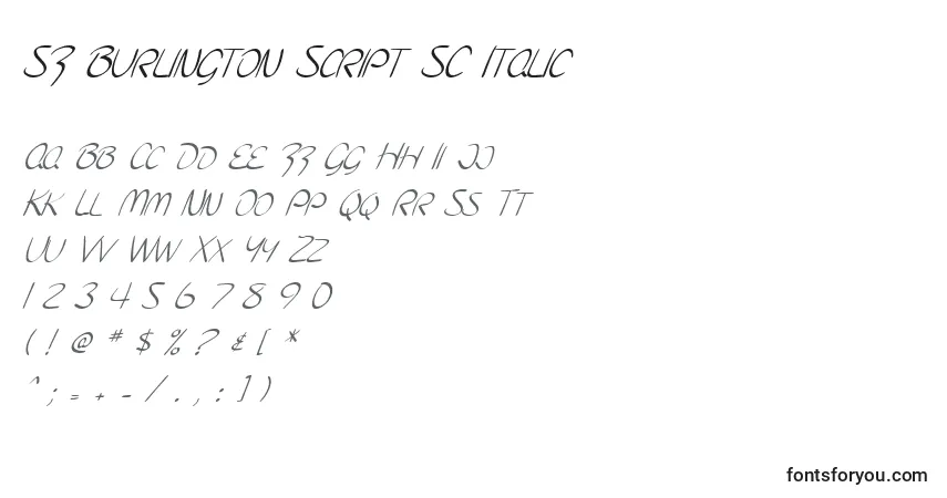 A fonte SF Burlington Script SC Italic – alfabeto, números, caracteres especiais