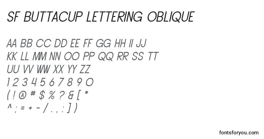 Шрифт SF Buttacup Lettering Oblique – алфавит, цифры, специальные символы