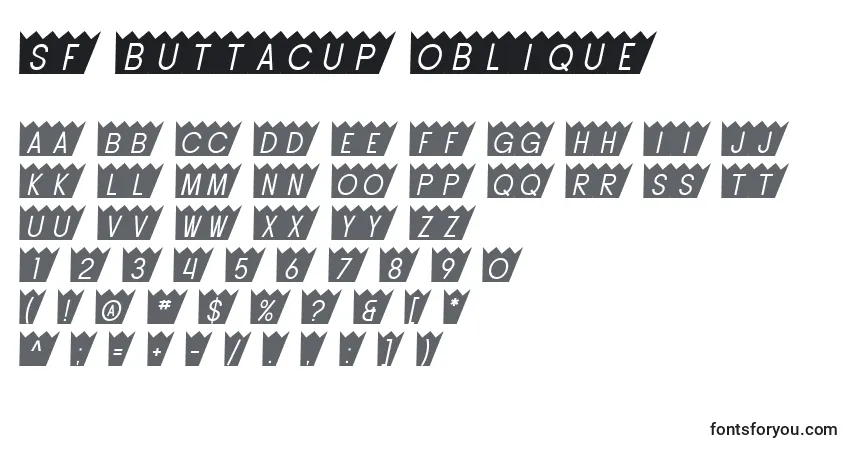Czcionka SF Buttacup Oblique – alfabet, cyfry, specjalne znaki