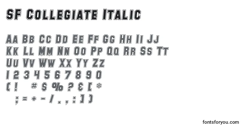 Czcionka SF Collegiate Italic – alfabet, cyfry, specjalne znaki