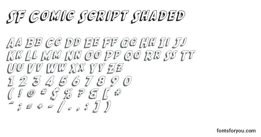 A fonte SF Comic Script Shaded – alfabeto, números, caracteres especiais