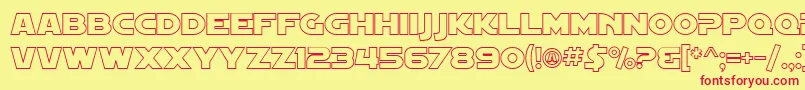 SF Distant Galaxy Outline-Schriftart – Rote Schriften auf gelbem Hintergrund
