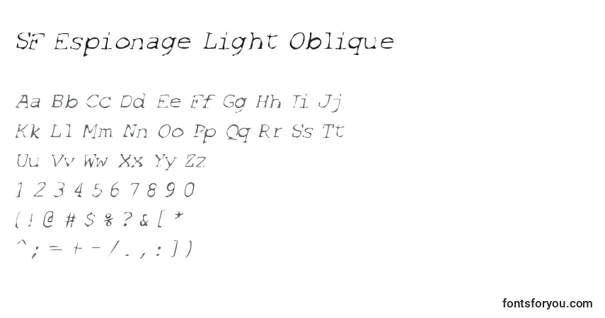 A fonte SF Espionage Light Oblique – alfabeto, números, caracteres especiais