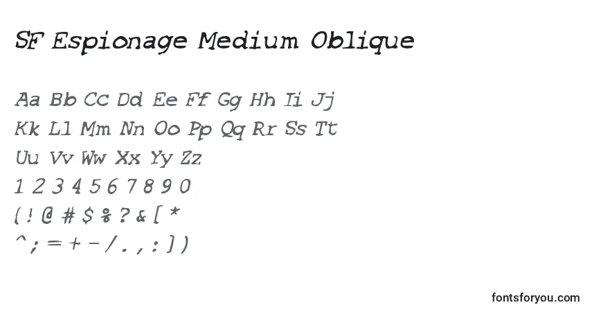 A fonte SF Espionage Medium Oblique – alfabeto, números, caracteres especiais