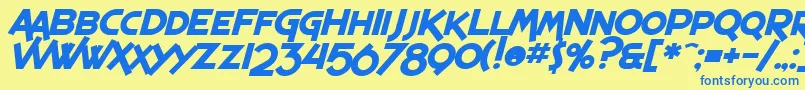 Fonte SF Espresso Shack Bold Italic – fontes azuis em um fundo amarelo