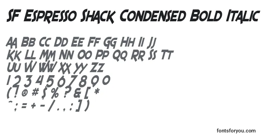 Czcionka SF Espresso Shack Condensed Bold Italic – alfabet, cyfry, specjalne znaki