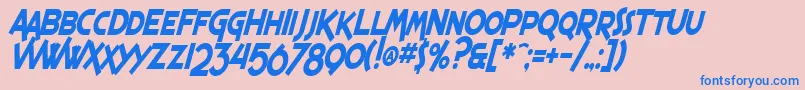 Fonte SF Espresso Shack Condensed Bold Italic – fontes azuis em um fundo rosa