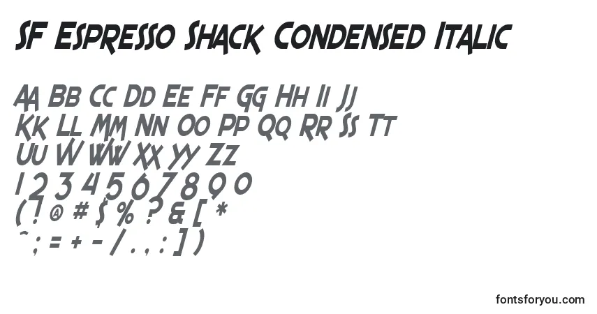 Schriftart SF Espresso Shack Condensed Italic – Alphabet, Zahlen, spezielle Symbole