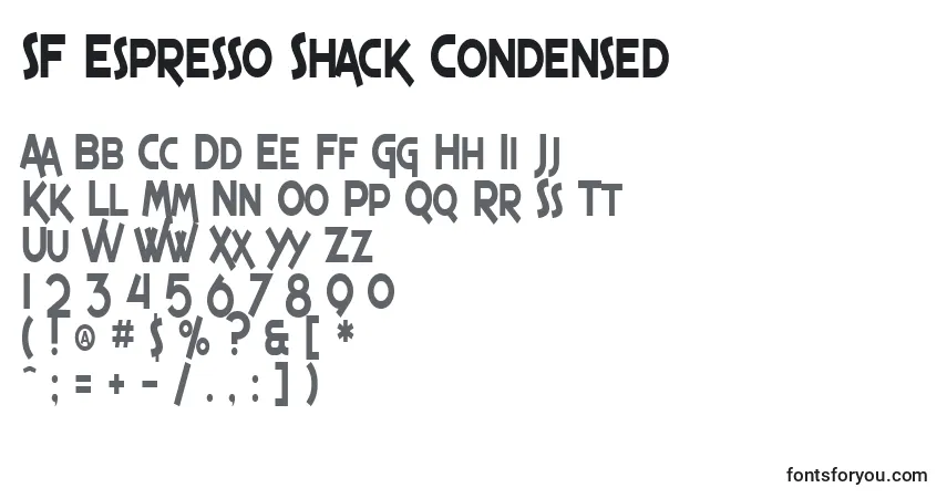 A fonte SF Espresso Shack Condensed – alfabeto, números, caracteres especiais